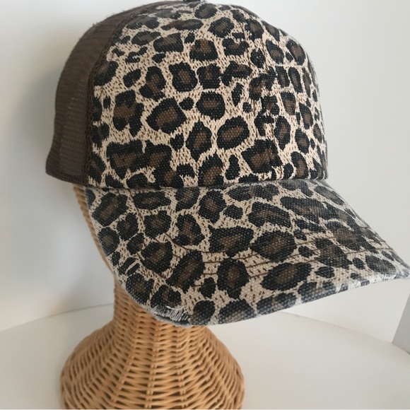 Distressed Canvas, Mesh Back Ponytail Hat Adjustable. Leopard Print - Picture 10 of 13